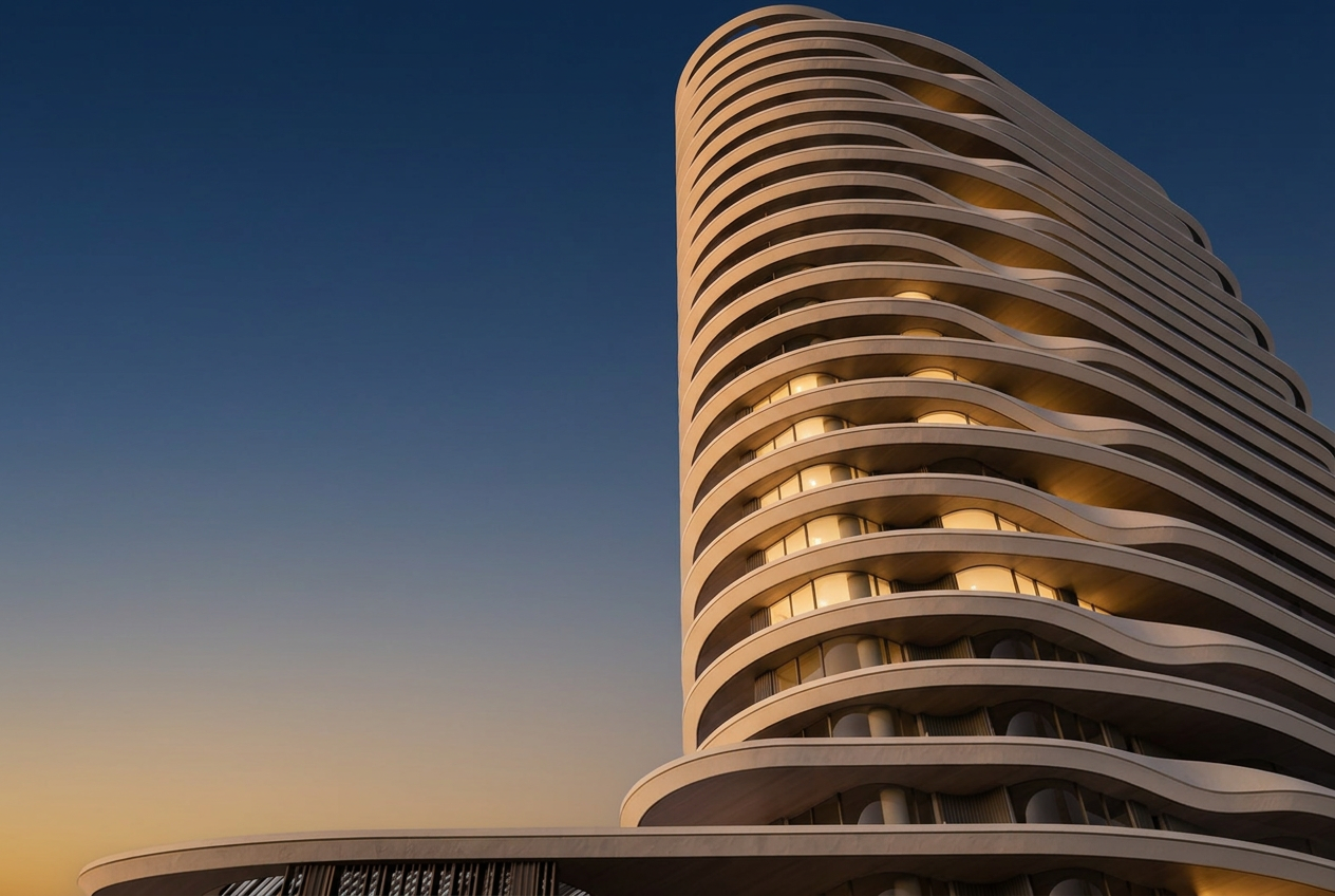 Curved white residential tower at dusk with warm window light