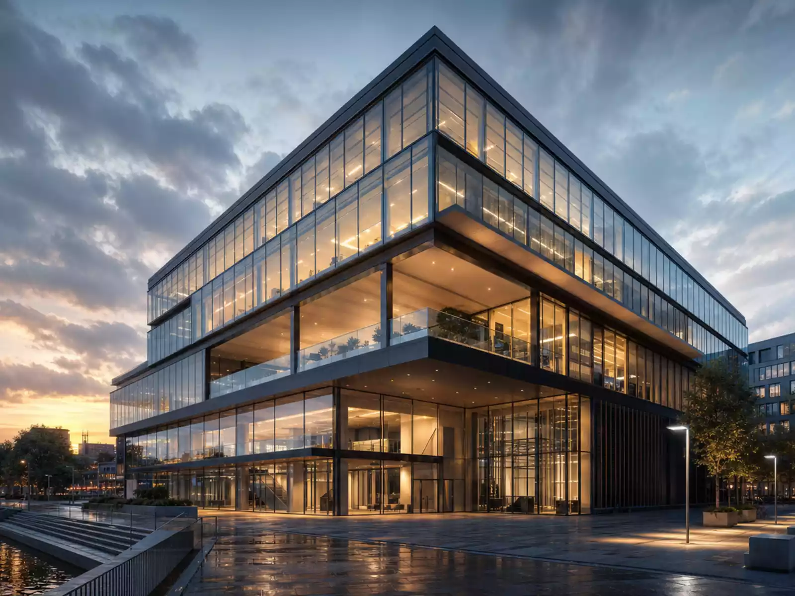 Commercial building at dusk on the cover of the Yield commercial brochure