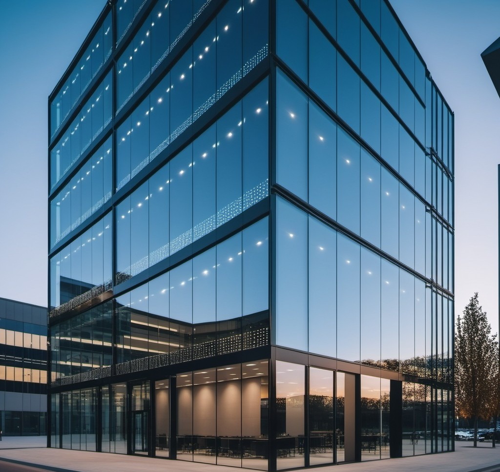 Glass office building lit at dusk