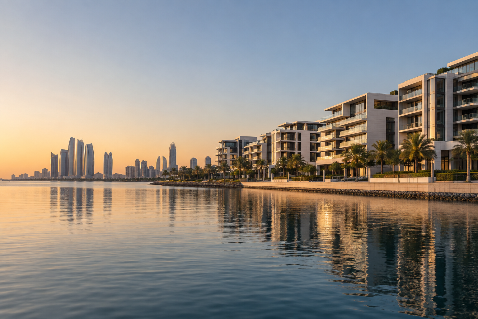 Contemporary waterfront residential architecture in Abu Dhabi in warm afternoon light.