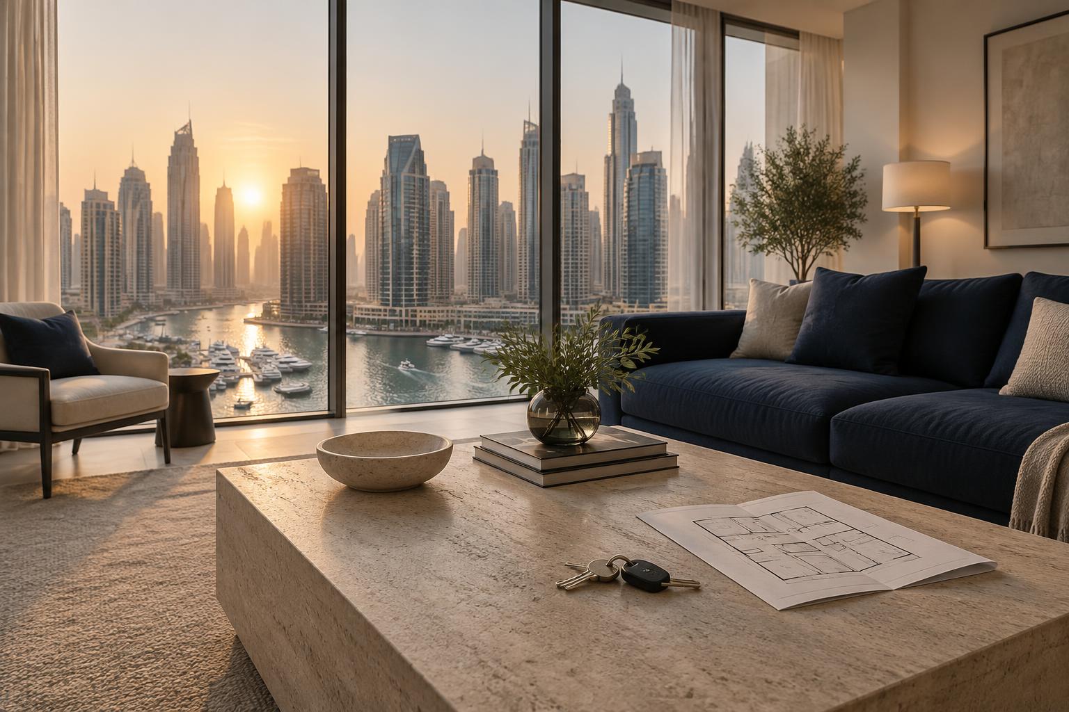 Quiet Dubai Marina apartment at golden hour with keys and a floor plan on a stone coffee table