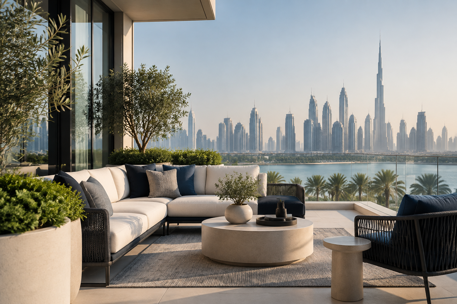 Illustrative residential terrace with planting and a Dubai skyline backdrop.