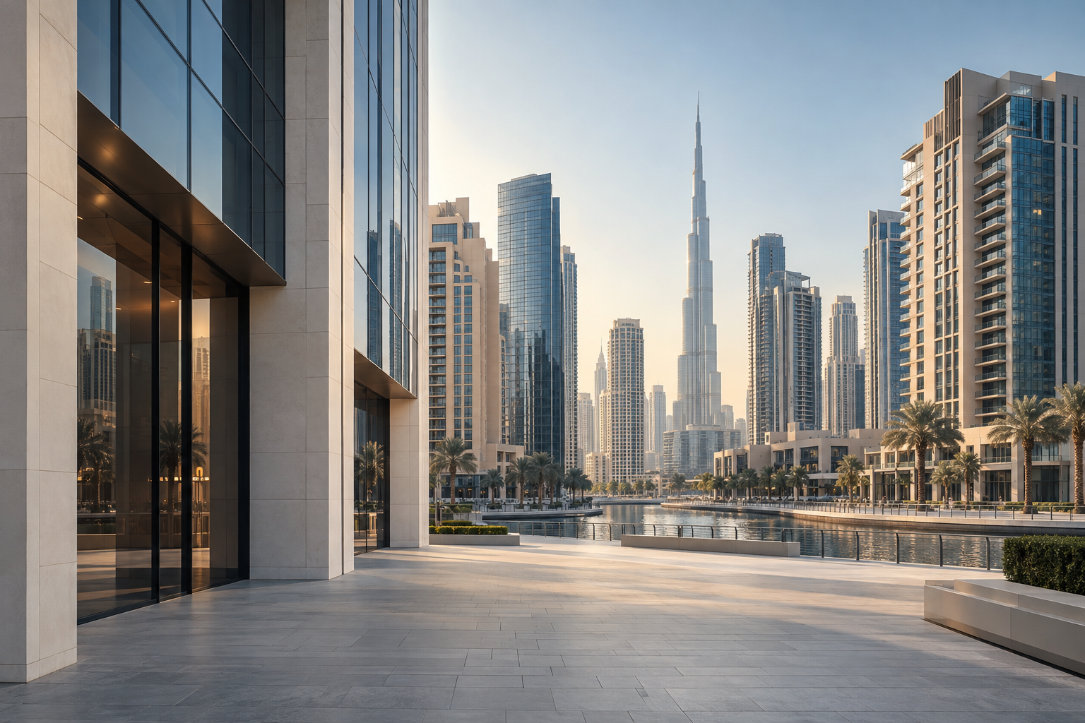 Contemporary Dubai towers and an empty streetscape in soft morning light