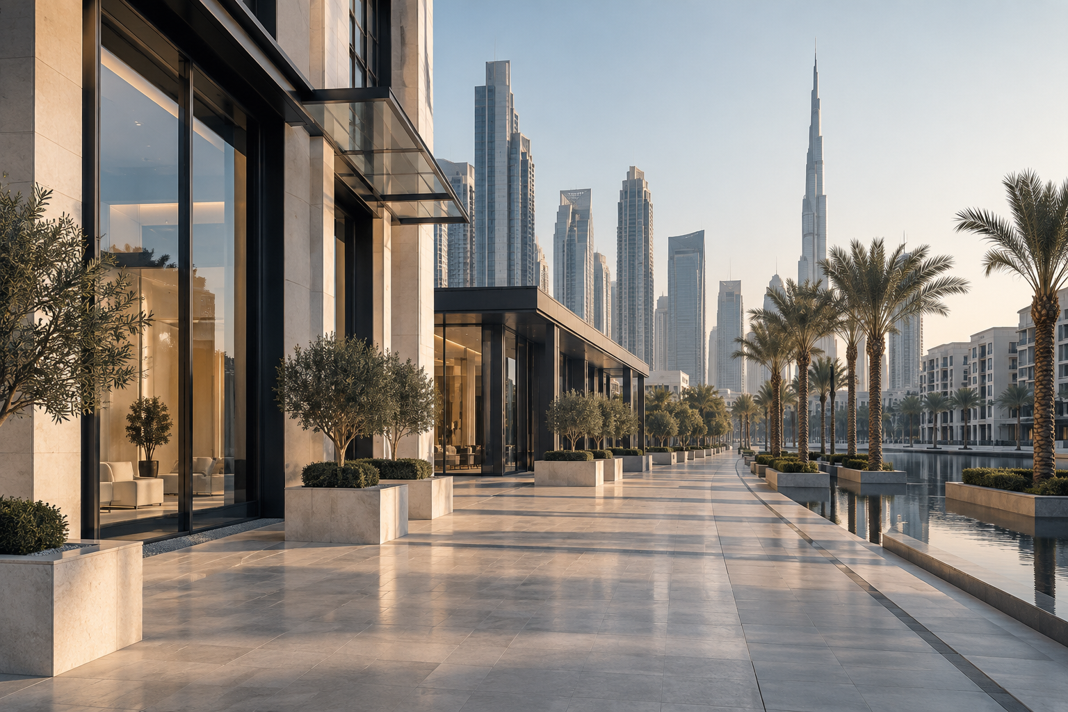 Illustrative contemporary retail and hotel architecture with an empty paved streetscape.