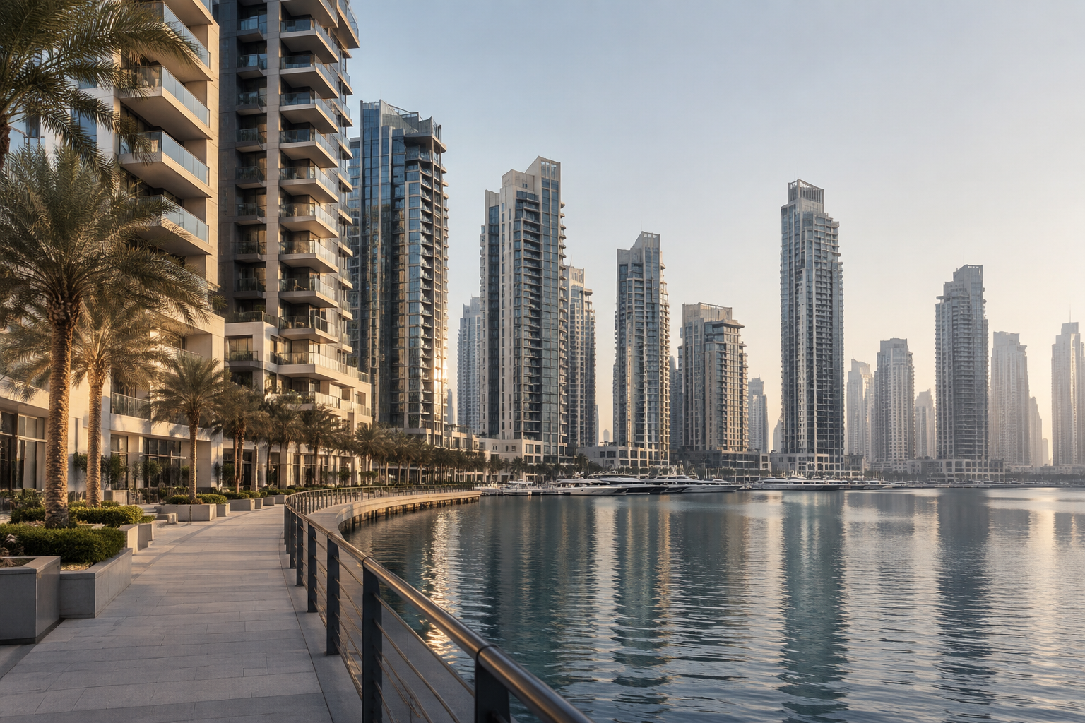Contemporary Dubai waterfront apartment towers beside a quiet promenade.