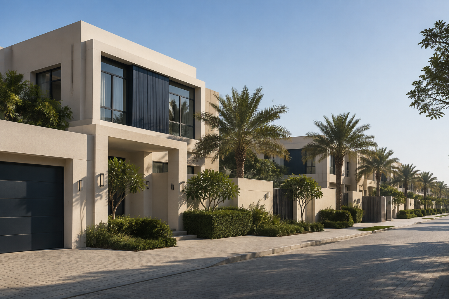Quiet Dubai villa streetscape with landscaped entrances in morning light