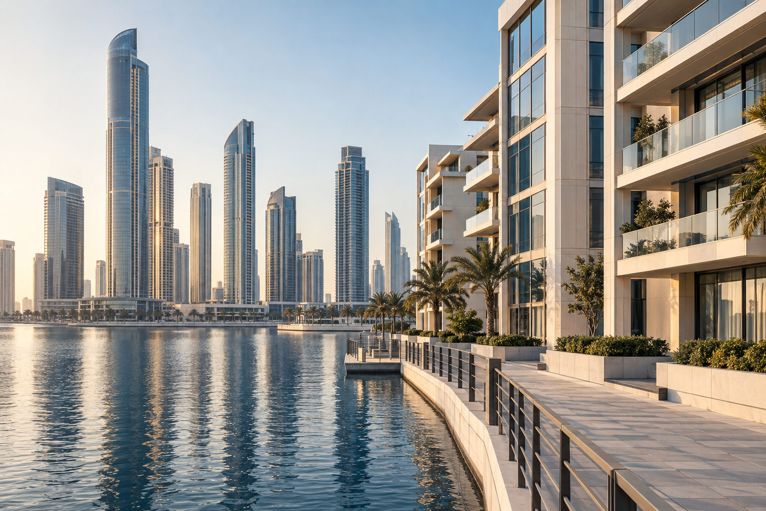 Contemporary waterfront apartment buildings beside an empty promenade.