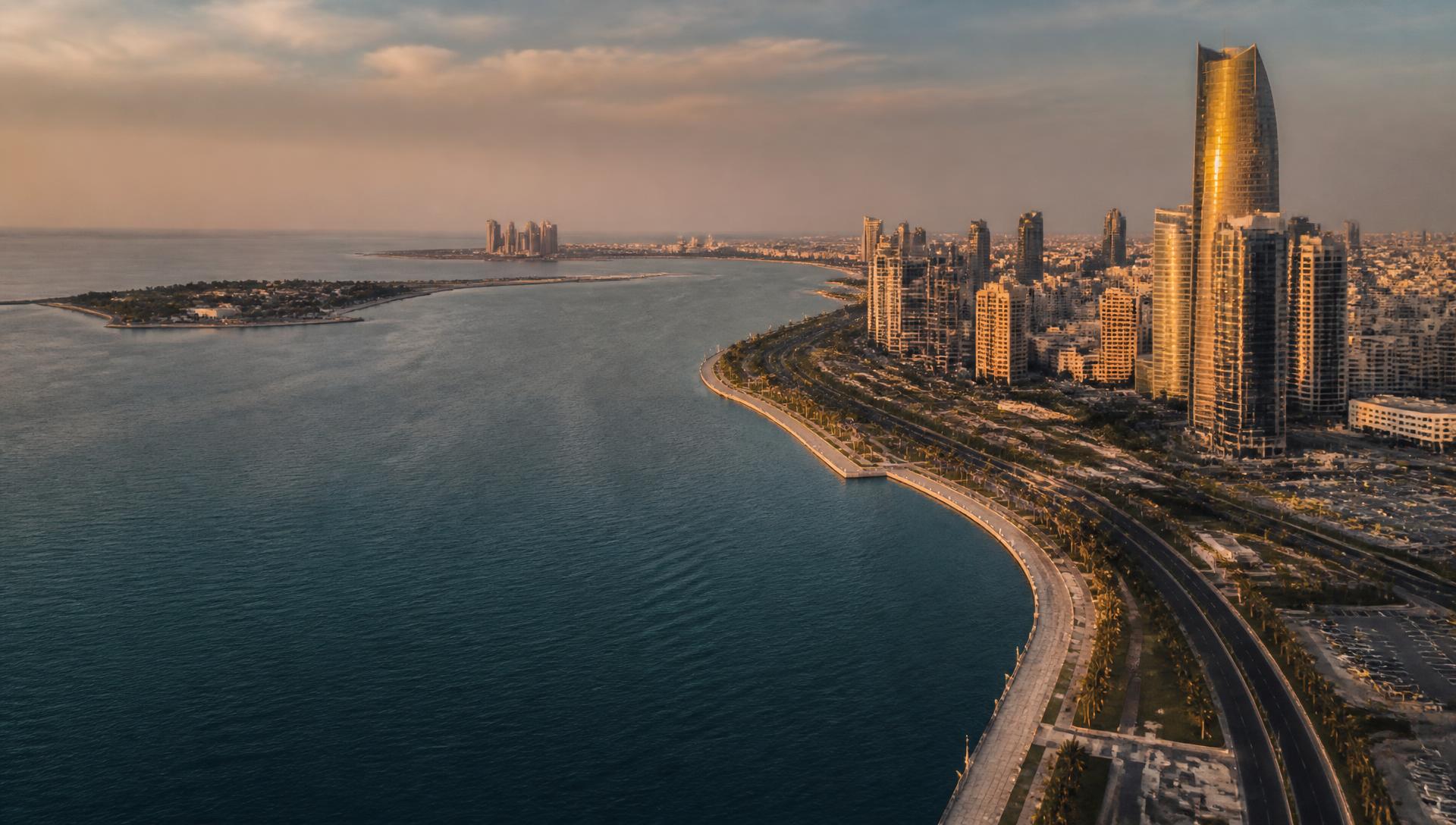 Aerial view of the Abu Dhabi coastline at golden hour